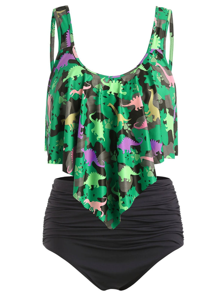 Dinosaur Print Ruffled Plus Size Women Set-Women&