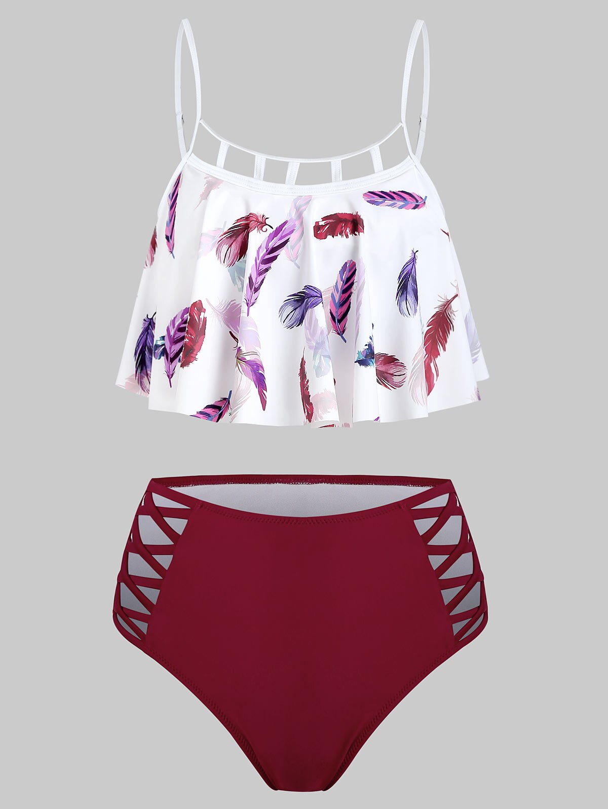 Feather Print Lattice Cutout Tankini Sets-Women's Clothing-Walmel
