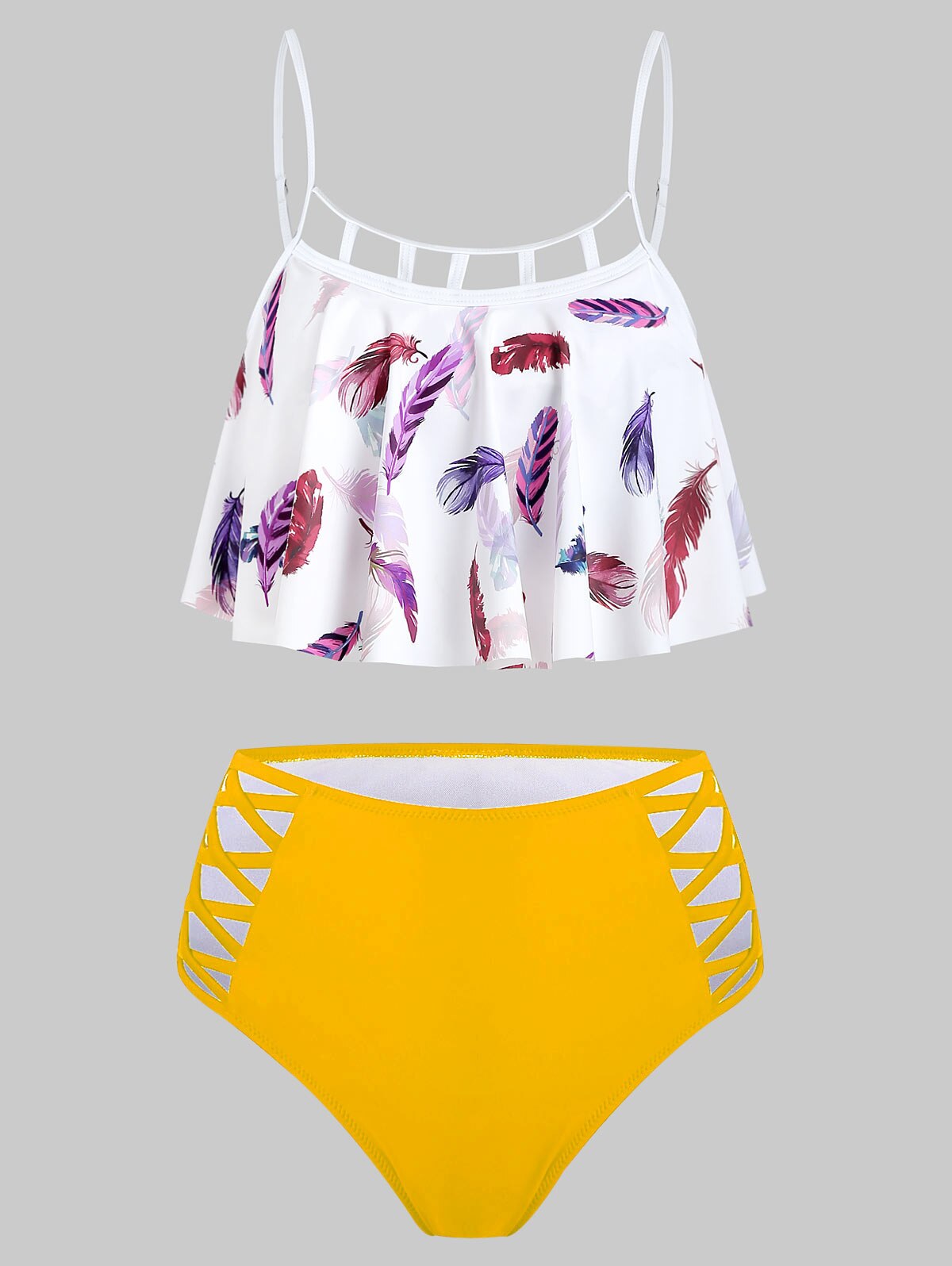 Feather Print Lattice Cutout Tankini Sets-Women's Clothing-Walmel