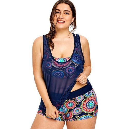 Plus Size Printed Beachwear With Mesh Tank-Women's Clothing-Walmel