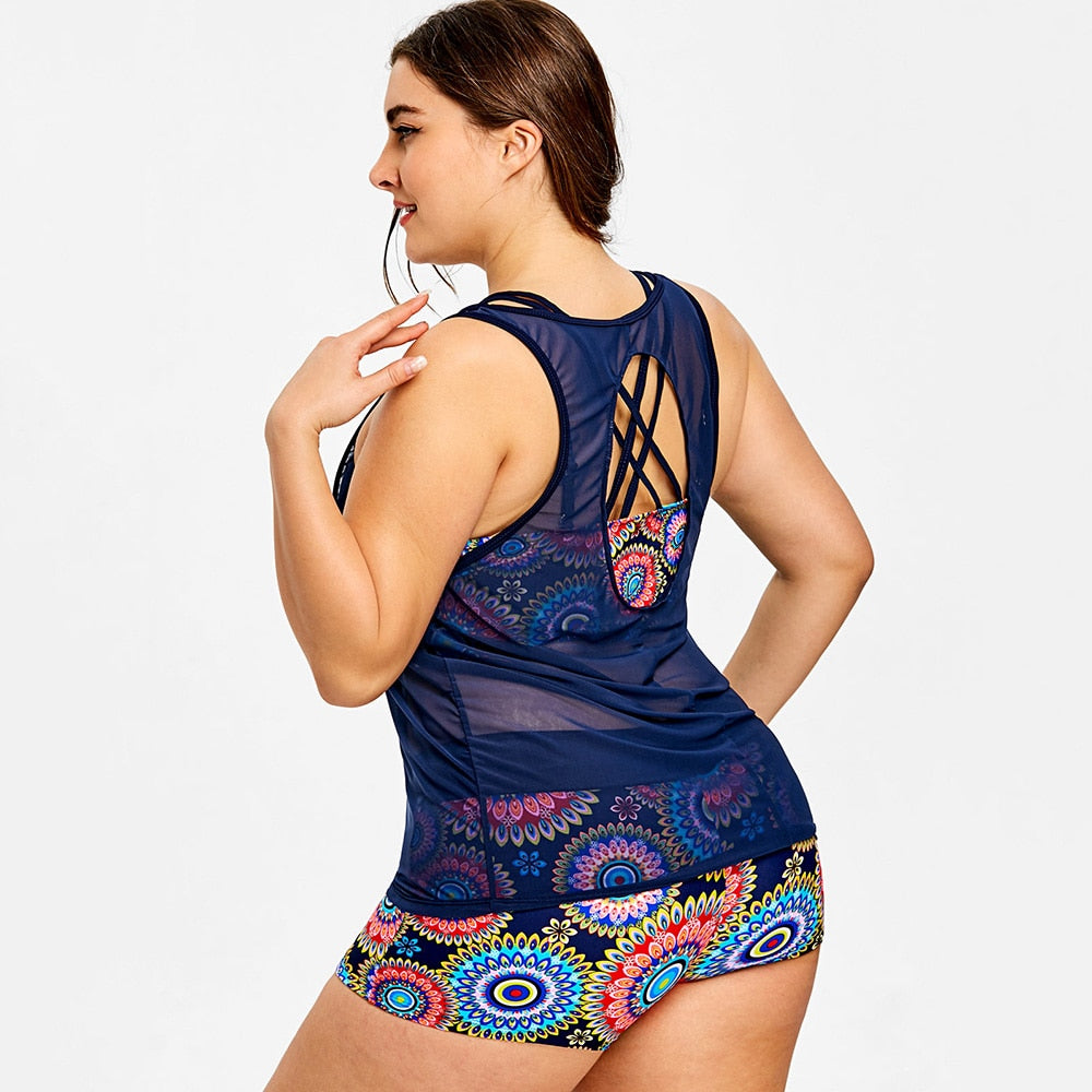 Plus Size Printed Beachwear With Mesh Tank-Women's Clothing-Walmel