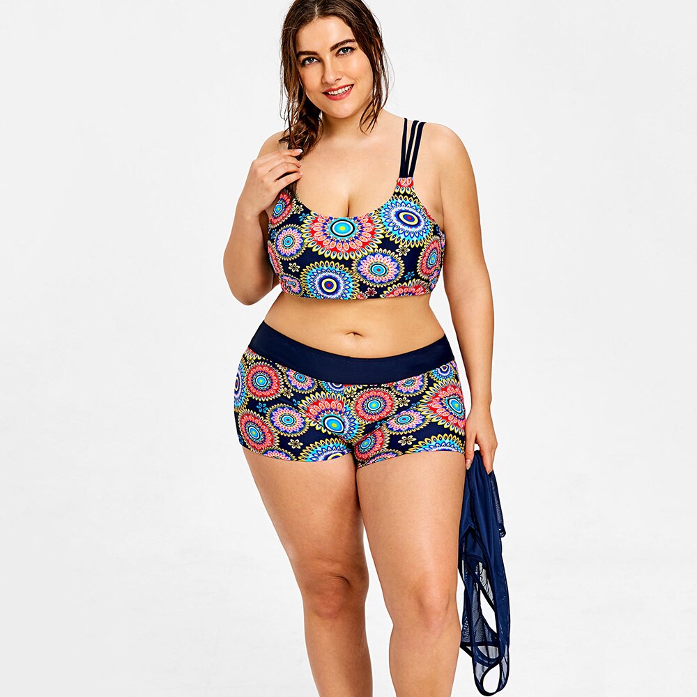 Plus Size Printed Beachwear With Mesh Tank-Women's Clothing-Walmel