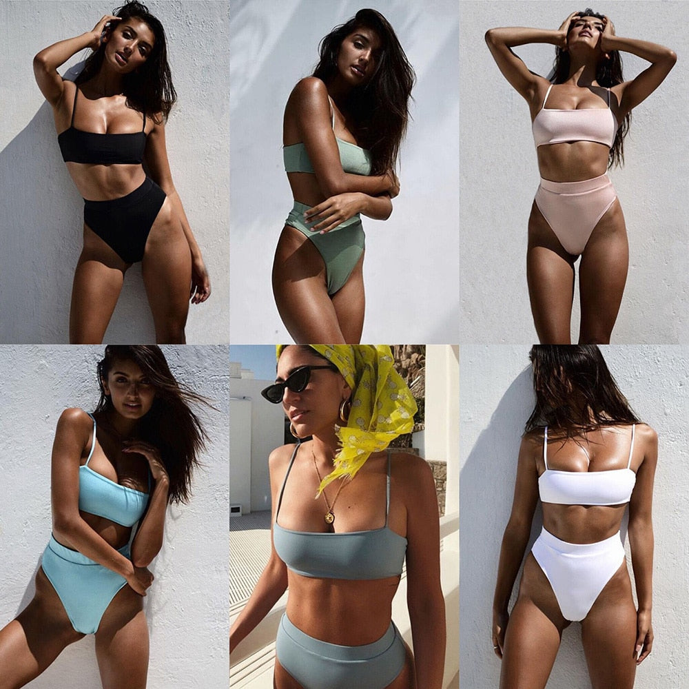 Solid Push Up Padded Bra Straps High Waist Swimsuit - Walmel