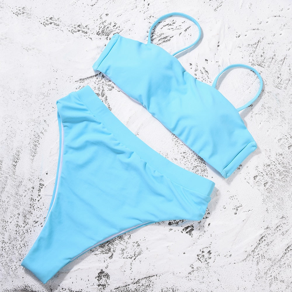 Solid Push Up Padded Bra Straps High Waist Swimsuit - Walmel
