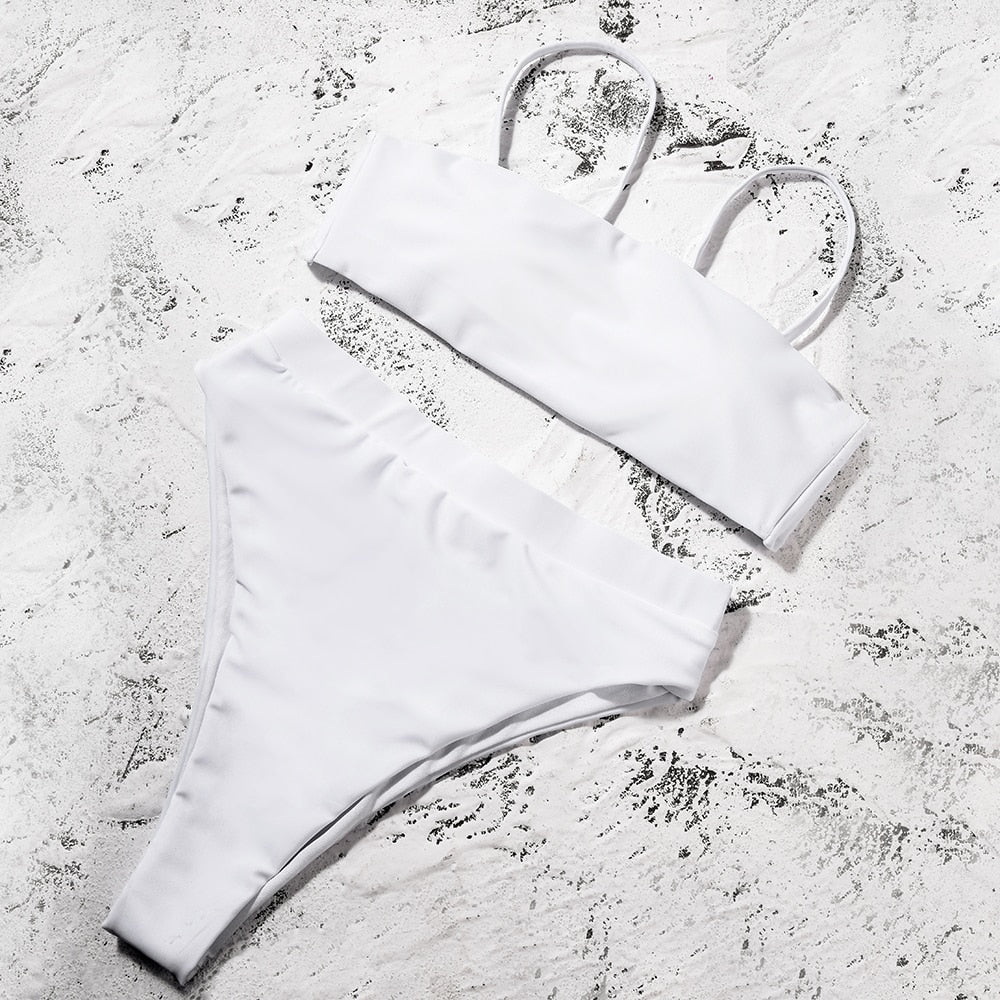 Solid Push Up Padded Bra Straps High Waist Swimsuit - Walmel