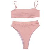 Solid Push Up Padded Bra Straps High Waist Swimsuit - Walmel