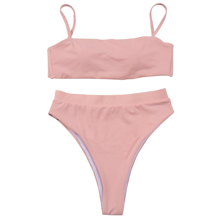 Solid Push Up Padded Bra Straps High Waist Swimsuit - Walmel