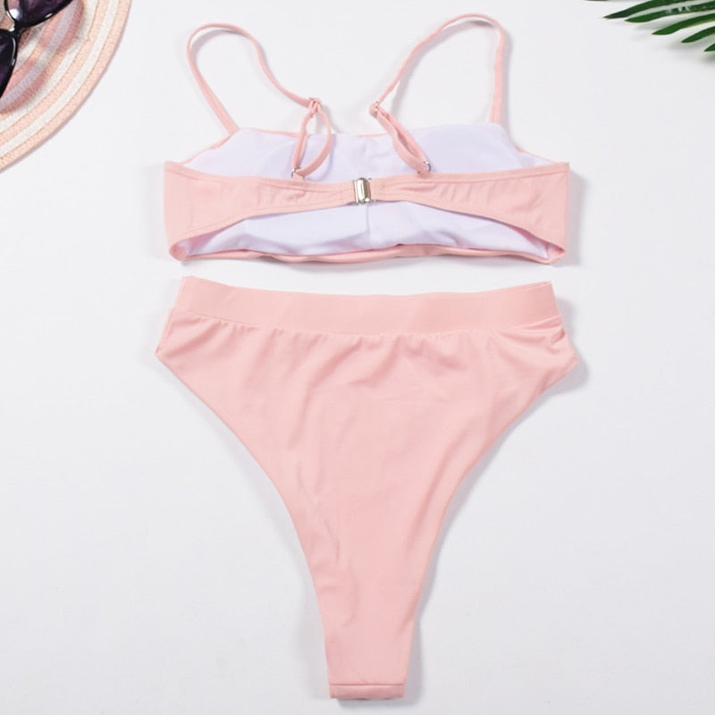 Solid Push Up Padded Bra Straps High Waist Swimsuit - Walmel